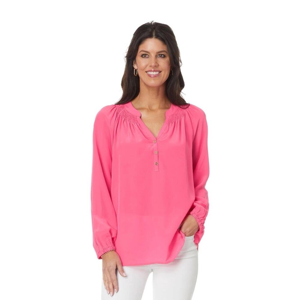 LILLY PULITZER SzXS 100% Silk Elsa Blouse Peasant Long Sleeve Coral Gold Buttons